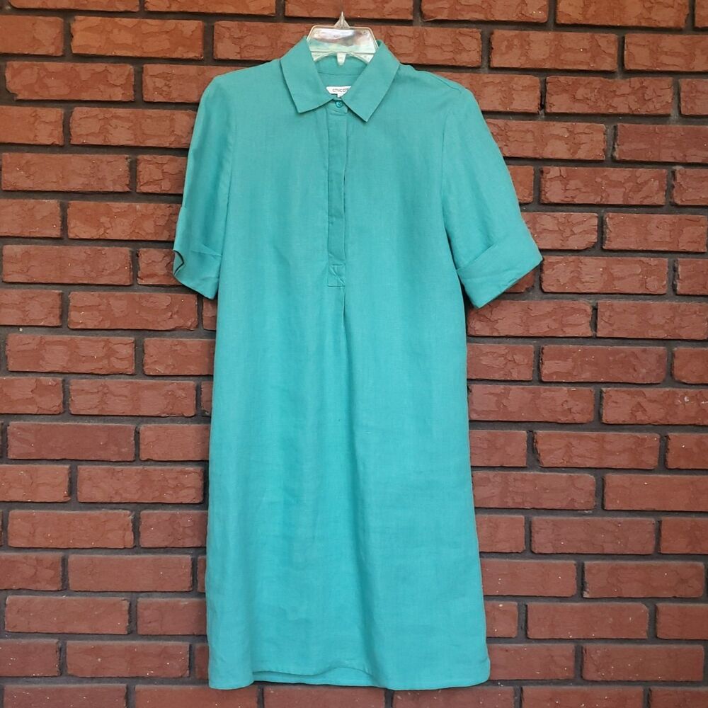 Chicos Linen Popover Shirt Dress Aqua Turquoise Blue Sz 0 US 4 Half Sleeve Shift